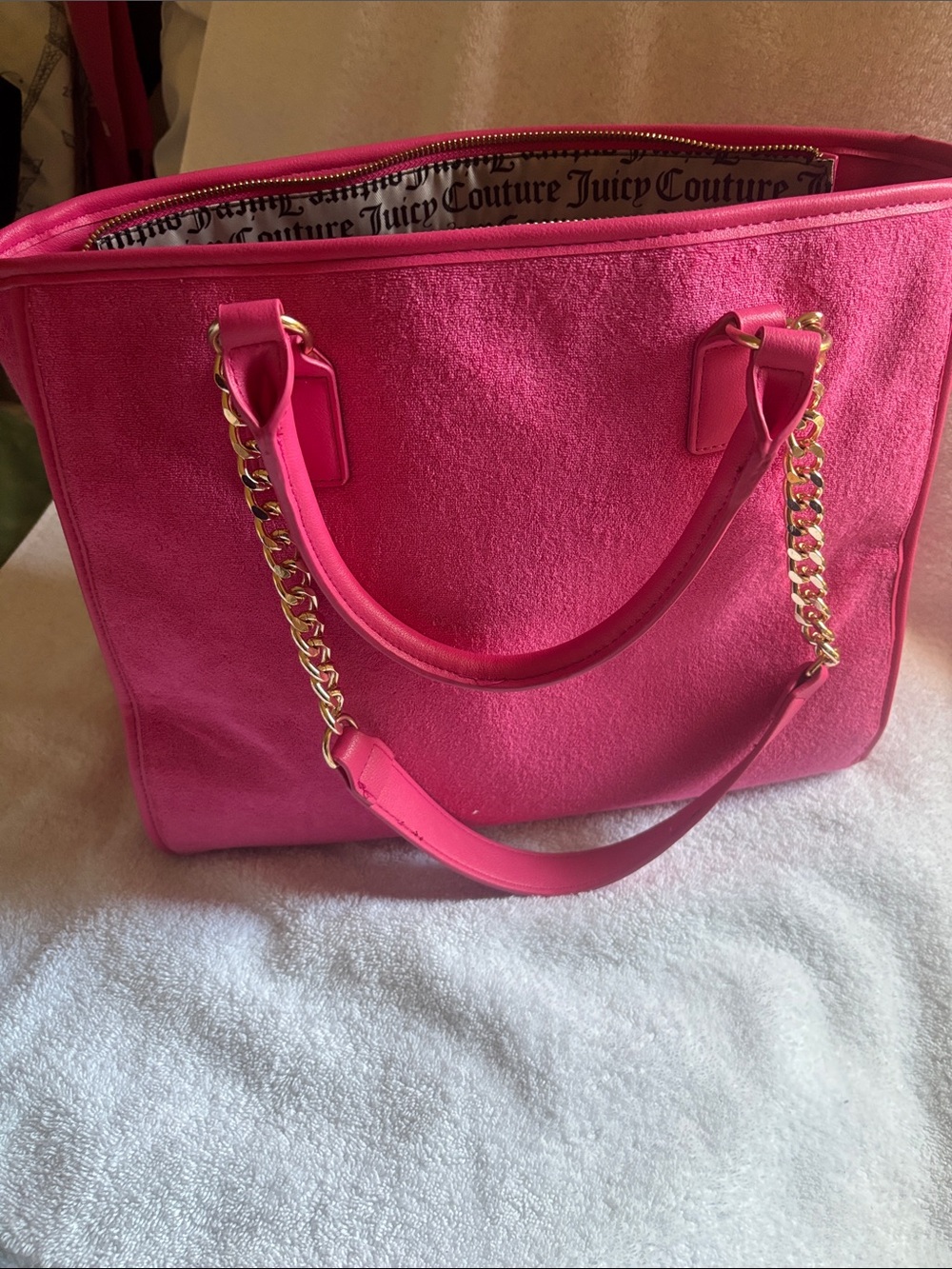 Juicy Couture Hot Pink Suede Tote with Gold Chain Handles - Picture 3 of 3